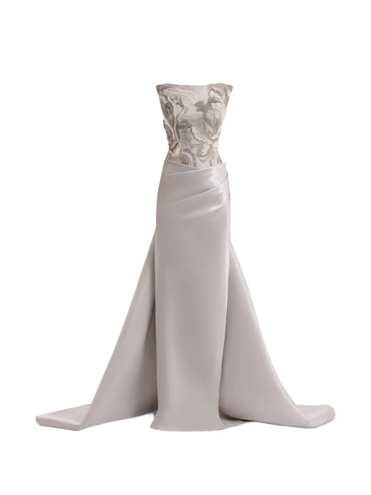 Gemy Maalouf Embroidered Draped Maxi Dress — Grey/ Red — Size XS — Front View