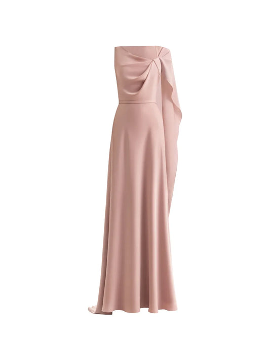 Gemy Maalouf Asymmetrical Cape Satin Dress — Pink — Size XS — Front View