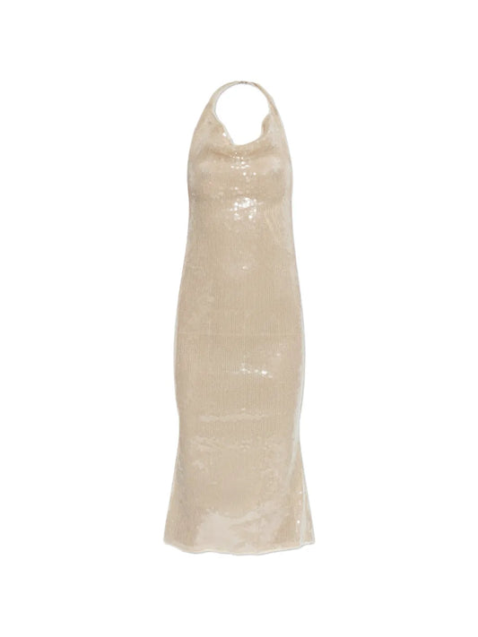 Oseree Sequin Halter Dress — Beige — Size XS — Front View