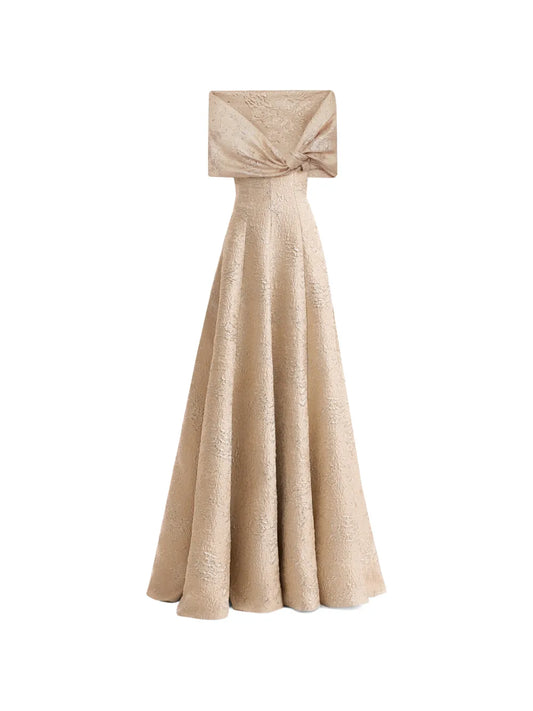 Gemy Maalouf Off Shoulder Jacquard Maxi Dress — Beige — Size XS — Front View