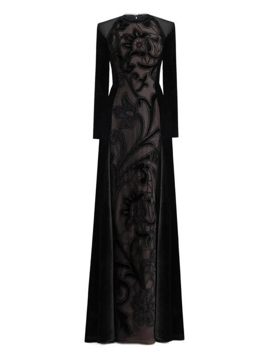 Gemy Maalouf Floral Embroidery Velvet Dress — Black — Size S — Front View