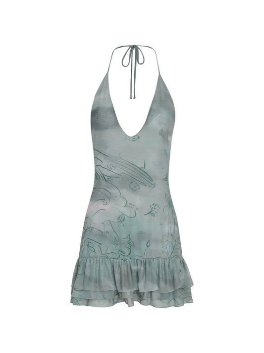 Amir Slama X Jade Picon Ruffled Halterneck Mini Dress — Grey/ Red/ Green — Size XS — Front View