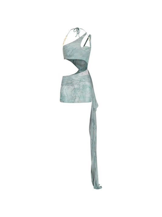 Amir Slama X Jade Picon Cut Out Asymmetric Mini Dress — Green/ Gold — Size S — Front View