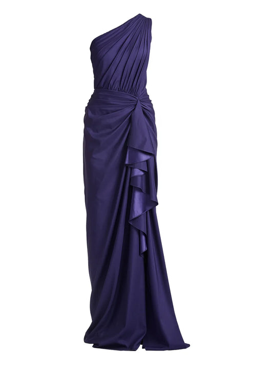 Tadashi Shoji One Shoulder Ruffled Maxi Dress — Red/ Purple — Size XS — Front View