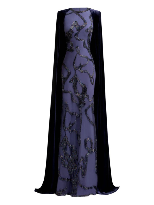 Gemy Maalouf Beaded Cape Dress — Blue — Size XS — Front View