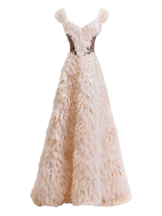 Gemy Maalouf Off Shoulder Ruffled Dress — Cream — Size XL — Front View