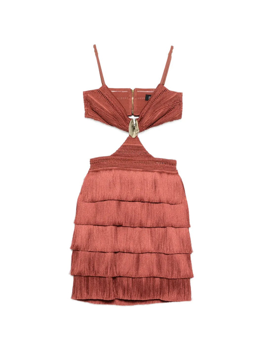 Patbo Cut Out Fringed Mini Dress — Brown/ Gold — Size XS — Front View