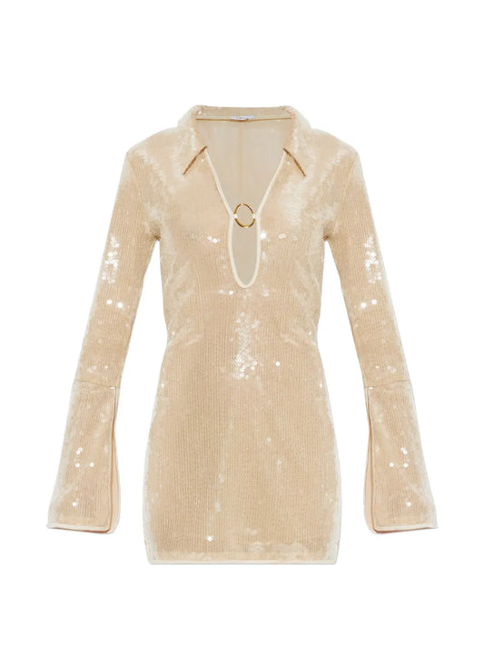 Oseree Sequined Mini Dress — Beige/ Gold — Size S — Front View