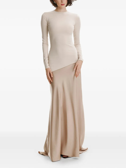 2310 Studio Asymmetric Long Sleeve Maxi Dress — Beige — Size S — Front View
