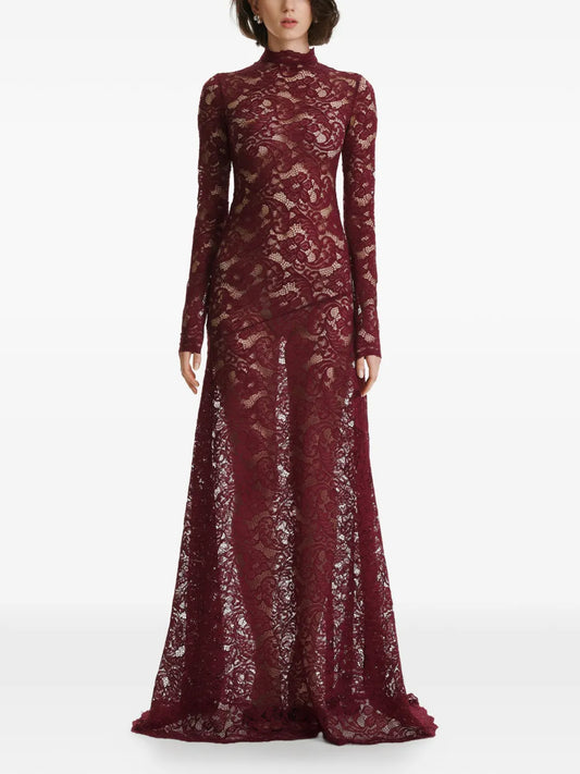 2310 Studio Long Sleeves Lace Maxi Dress — Red — Size XS — Front View