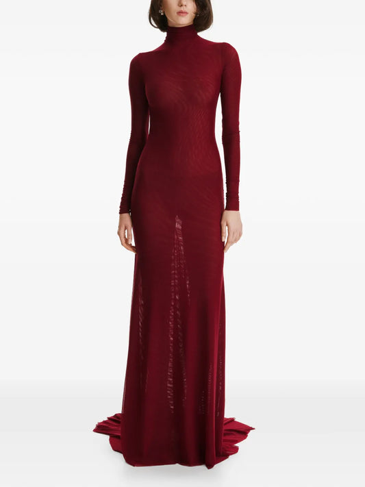 2310 Studio Turtleneck Long Sleeves Mesh Maxi Dress — Red — Size XS — Front View