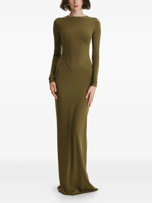 2310 Studio Long Sleeves Corset Maxi Dress — Green — Size XS — Front View