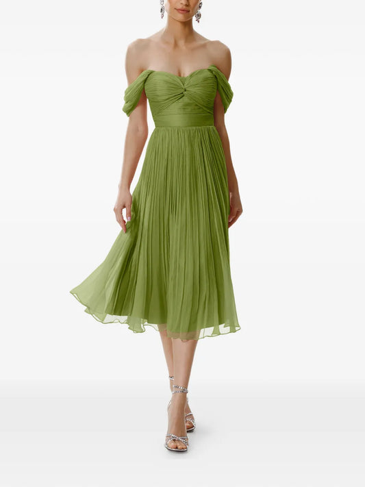 Framboise Kaly Pleated Off Shoulder Midi Dress — Green — Size XS — Front View