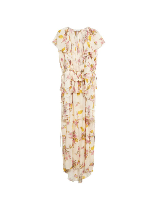 Blumarine Floral Pleated Ruffled Dress — Red/ Yellow — Size XS — Front View
