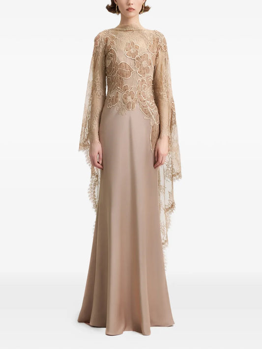 Gemy Maalouf Embroidered Lace Gown — Beige/ Red — Size M — Front View