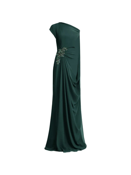 Gemy Maalouf Draped Cape Sleeve Gown — Green — Size S — Front View