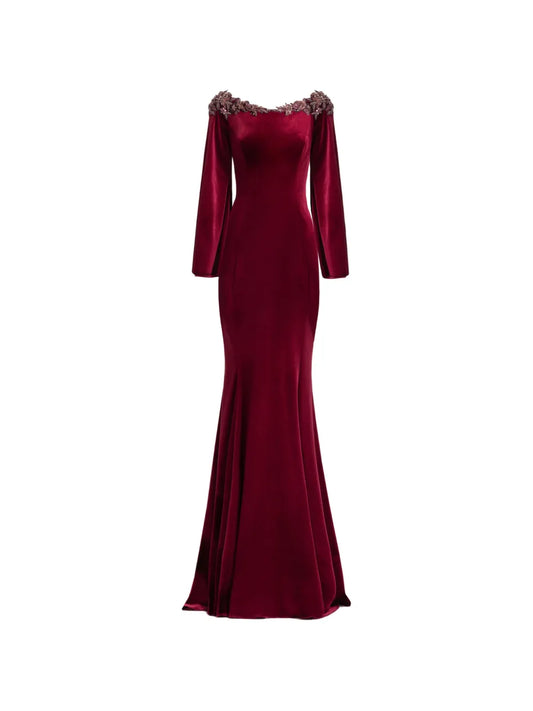 Gemy Maalouf Long Sleeve Velvet Maxi Dress — Red — Size XL — Front View