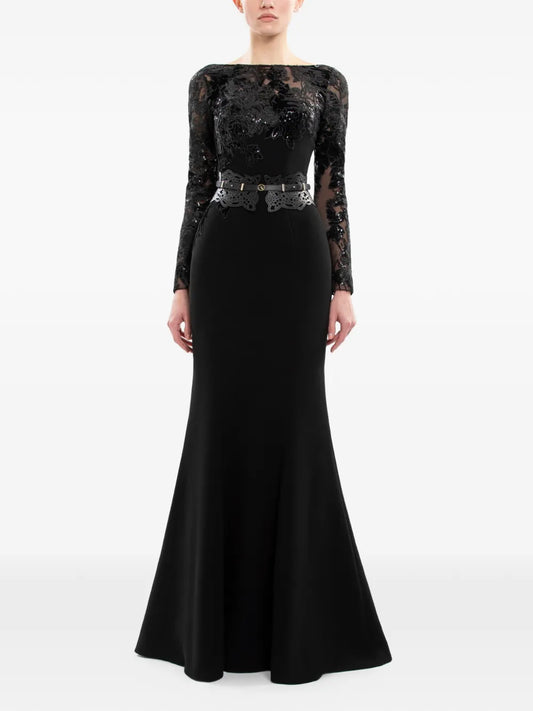 Saiid Kobeisy Embroidered Upper Long Sleeve Dress — Black/ Red — Size XS — Front View