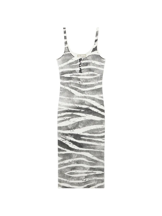 Blumarine Zebra Print Button Detail Midi Dress — White/ Grey — Size S — Front View