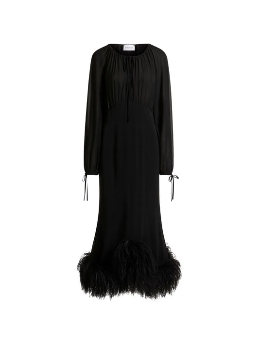 16Arlington Davis Feather Trim Midi Dress — Black — Size XS — Front View