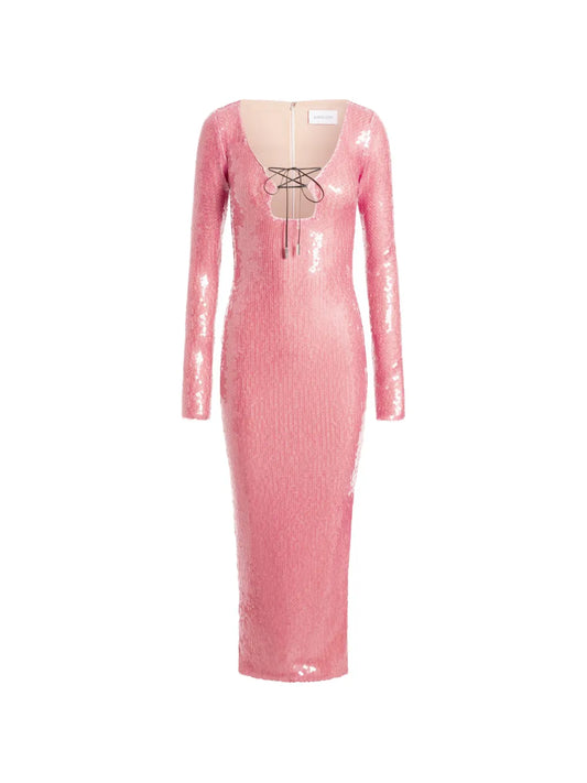 16Arlington Solaria Sequin Lace Up Midi Dress — Pink — Size XS — Front View