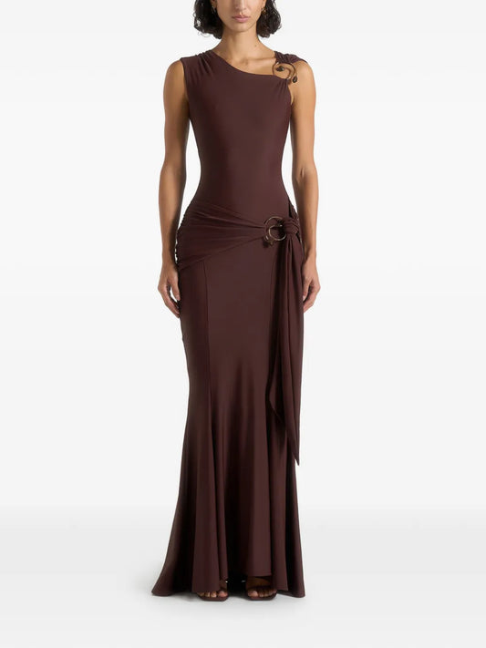Maniere De Voir Rania Asymmetric Draped Maxi Dress — Brown/ Red/ Gold — Size XS — Front View