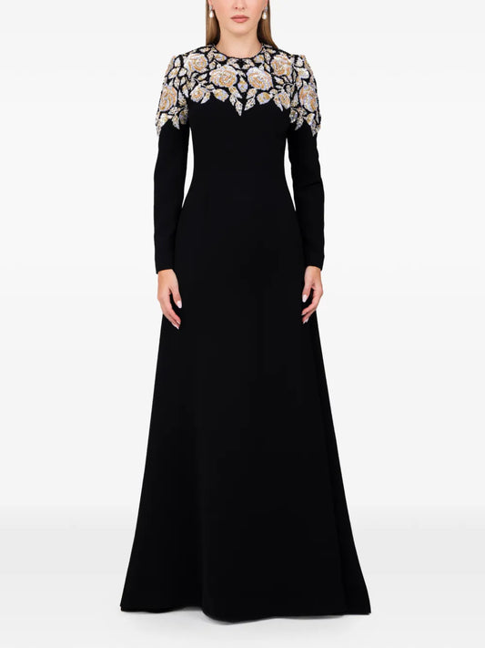Dina Melwani Embellished Maxi Gown — Black — Size XS — Front View
