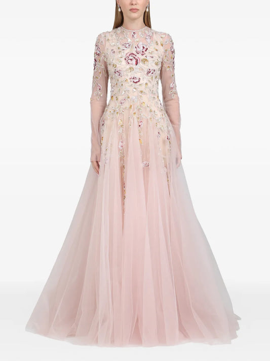 Dina Melwani Leaf Embroidered Gown Maxi Dress — Red/ Pink — Size M — Front View