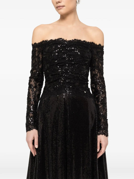 Nissa Sequin Embellishment Off Shoulder Midi Dress — Black — Size S — Front View