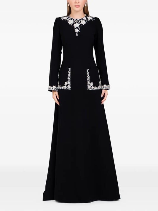 Dina Melwani Long Sleeves Maxi Dress — Black — Size XS — Front View