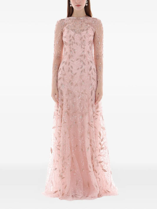 Dina Melwani Crystal Embroidered Maxi Dress — Red/ Pink — Size XS — Front View