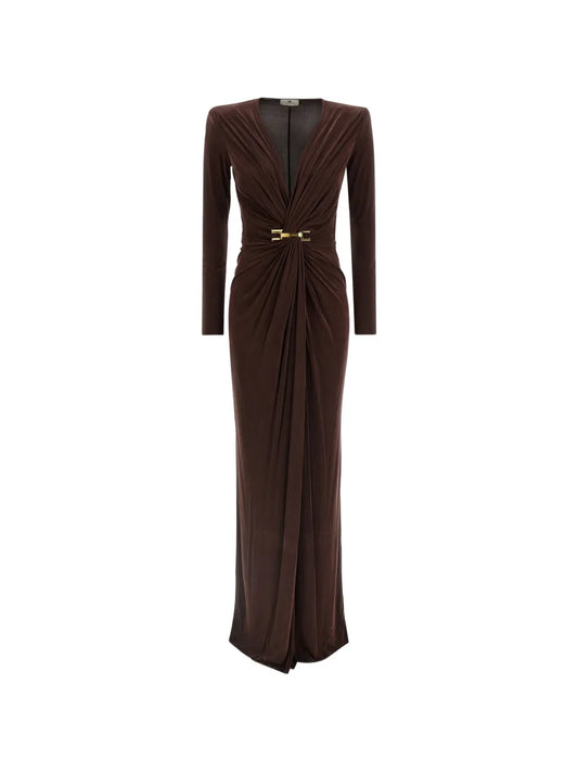 Elisabetta Franchi Draping Maxi Dress — Brown — Size XS — Front View