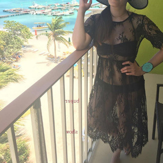 Transparent Dress Sleeve Beach Dress — Black — Size 2XL — Front View